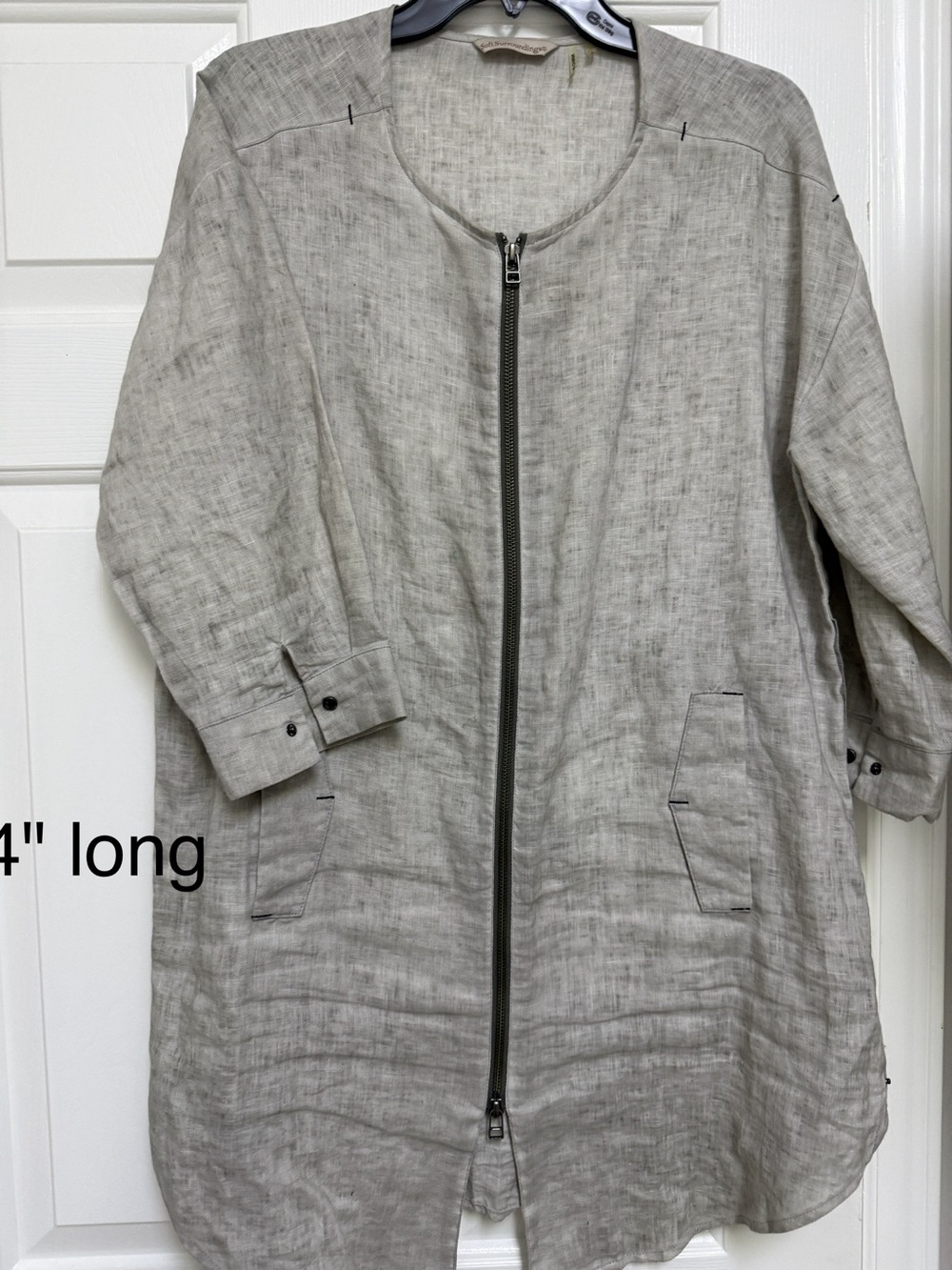 Soft Surroundings Light Gray Linen Zip-Front tunic 
34" long